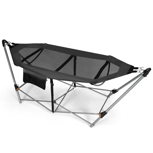 Folding Hammock Indoor Outdoor Hammock with Side Pocket and Iron Stand, Gray