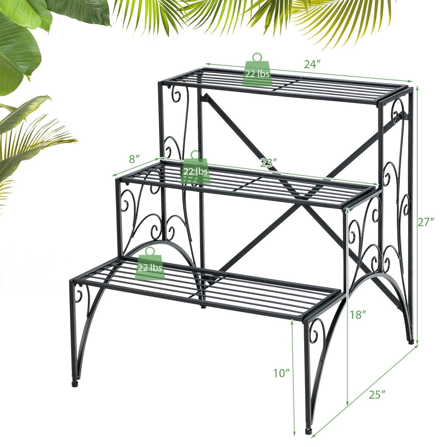 3-Tier Metal Plant Stand with Widened Grid Shelf for Porch Garden, Black