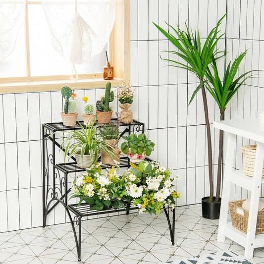 3-Tier Metal Plant Stand, Widened Grid Shelf, Black Plant Stands Black at Gallery Canada