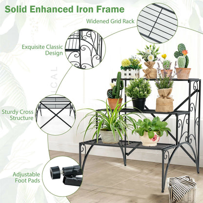 3-Tier Metal Plant Stand with Widened Grid Shelf for Porch Garden, Black