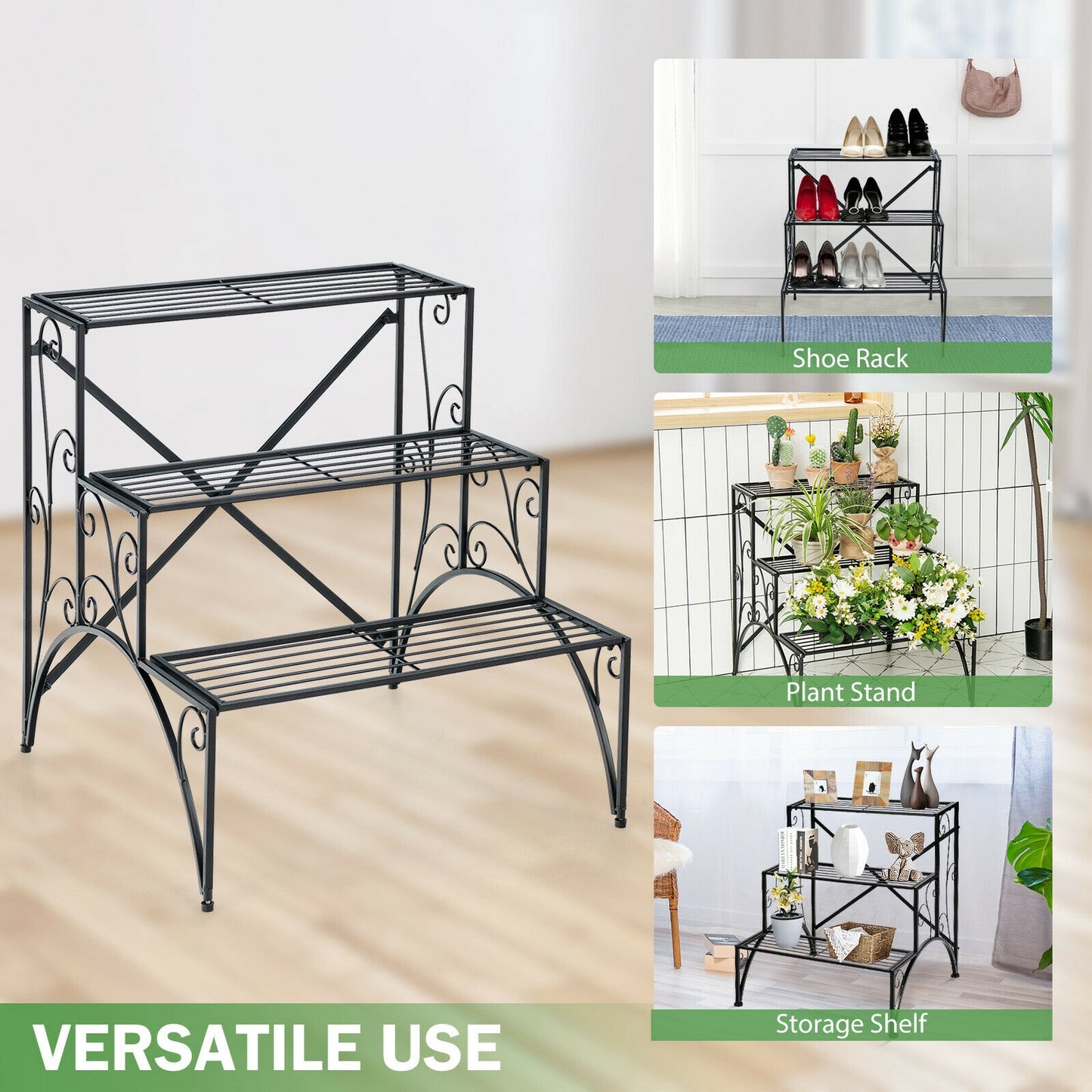 3-Tier Metal Plant Stand, Widened Grid Shelf, Black Plant Stands at Gallery Canada
