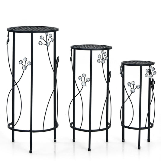 3 Pieces Metal Plant Stand Set with Crystal Floral Accents Round, Black