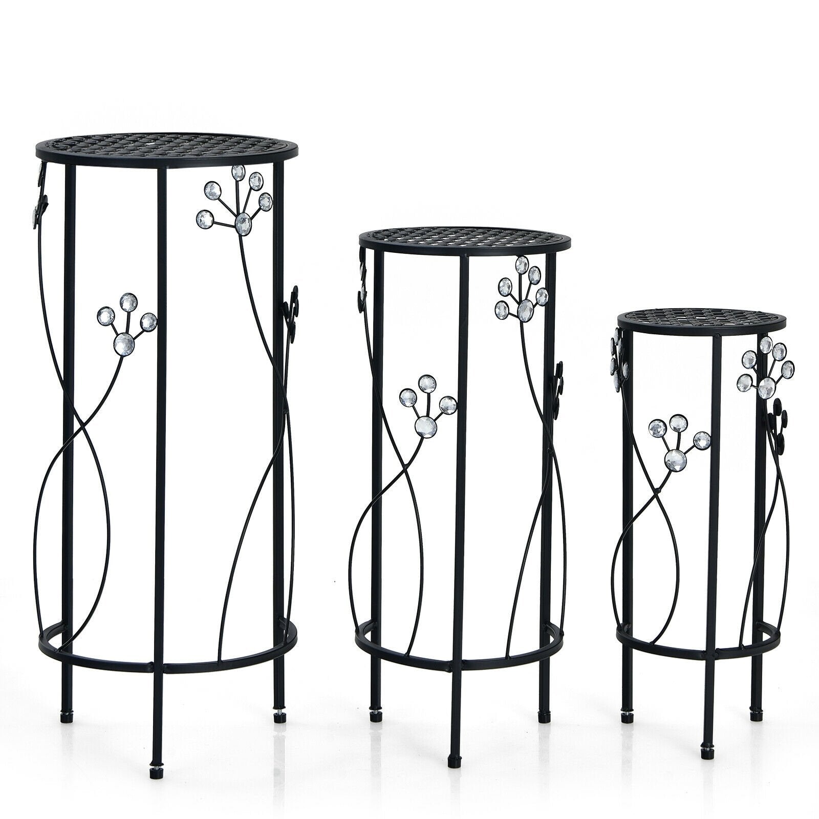 3 Pieces Metal Plant Stand Set with Crystal Floral Accents Round, Black at Gallery Canada