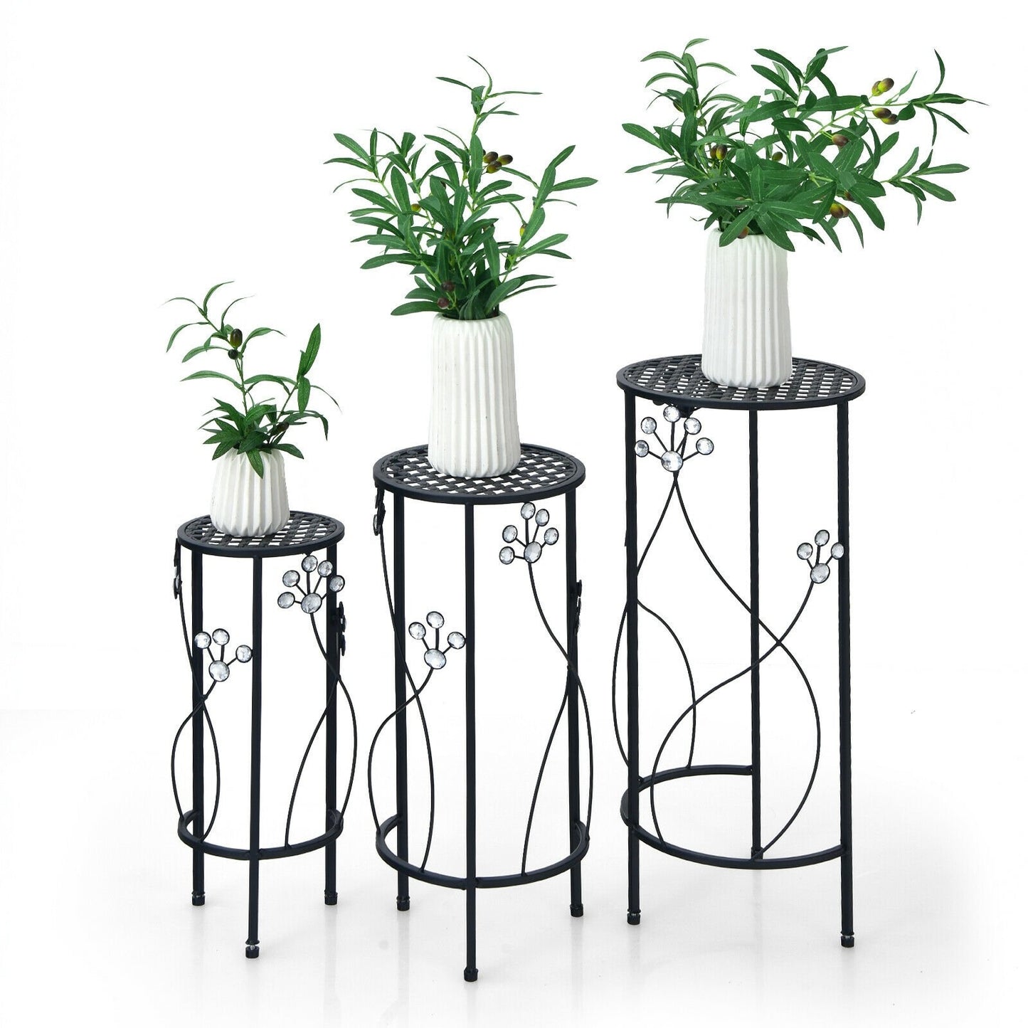 3 Pieces Metal Plant Stand Set with Crystal Floral Accents Round, Black at Gallery Canada