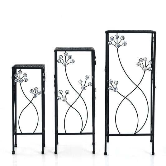 3 Pieces Metal Plant Stand Set with Crystal Floral Accents Square, Black