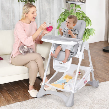 Baby Convertible Folding Adjustable High Chair with Wheel Tray Storage Basket, Gray