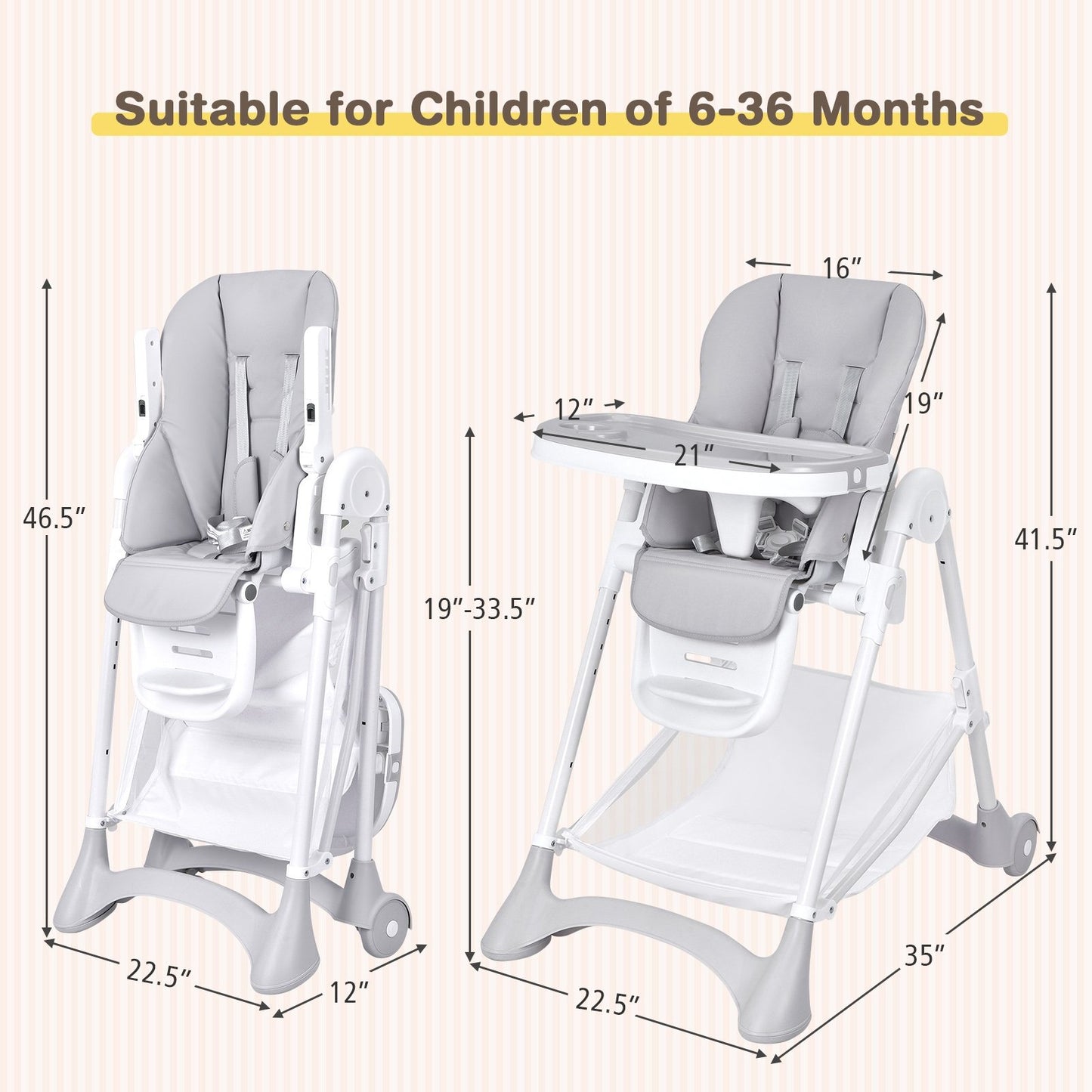 Baby Convertible Folding Adjustable High Chair with Wheel Tray Storage Basket, Gray at Gallery Canada