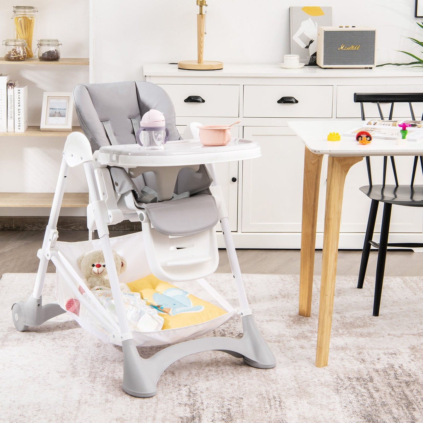 Baby Convertible Folding Adjustable High Chair with Wheel Tray Storage Basket, Gray