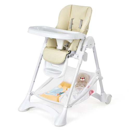 Baby Convertible Folding Adjustable High Chair with Wheel Tray Storage Basket, Beige