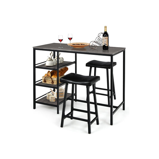 3 Pieces Counter Height Dining Bar Table Set with 2 Stools and 3 Storage Shelves, Gray