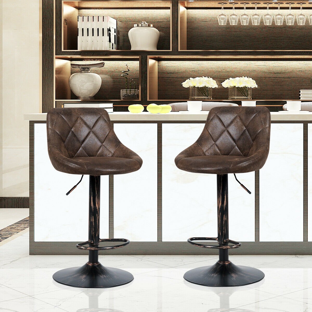 Set of 2 Adjustable Bar Stools with Backrest and Footrest, Dark Brown at Gallery Canada