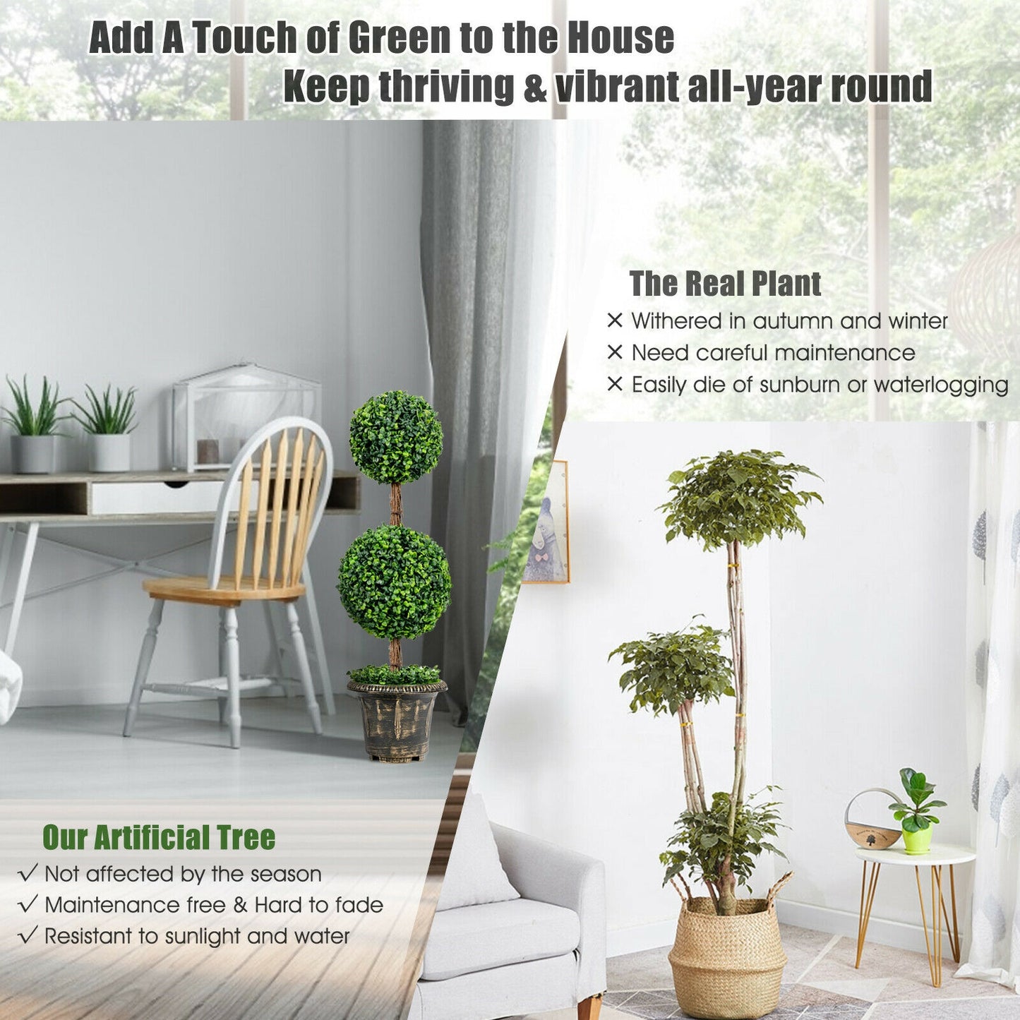 36 Inch Artificial Double Ball Tree, Indoor Outdoor UV Protection, Green Faux Plants at Gallery Canada