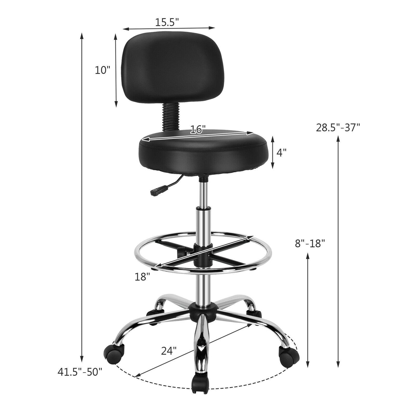 Swivel Drafting Chair with Retractable Mid Back and Adjustable Foot Ring, Black at Gallery Canada