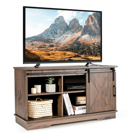 Sliding Barn Door TV Stand with Adjustable Shelf Cabinet-Dark Walnut, Brown
