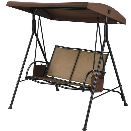 2 Seat Patio Porch Swing with Adjustable Canopy Storage Pockets Brown, Brown