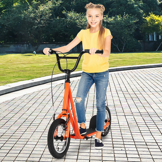 Height Adjustable Kid Kick Scooter with 12 Inch Air Filled Wheel, Orange Scooters Orange at Gallery Canada