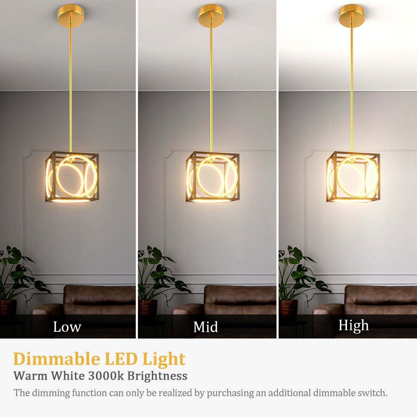 Modern LED Pendant Light with 42 Inches Adjustable Suspender, Golden