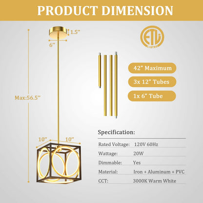 Modern LED Pendant Light with 42 Inches Adjustable Suspender, Golden