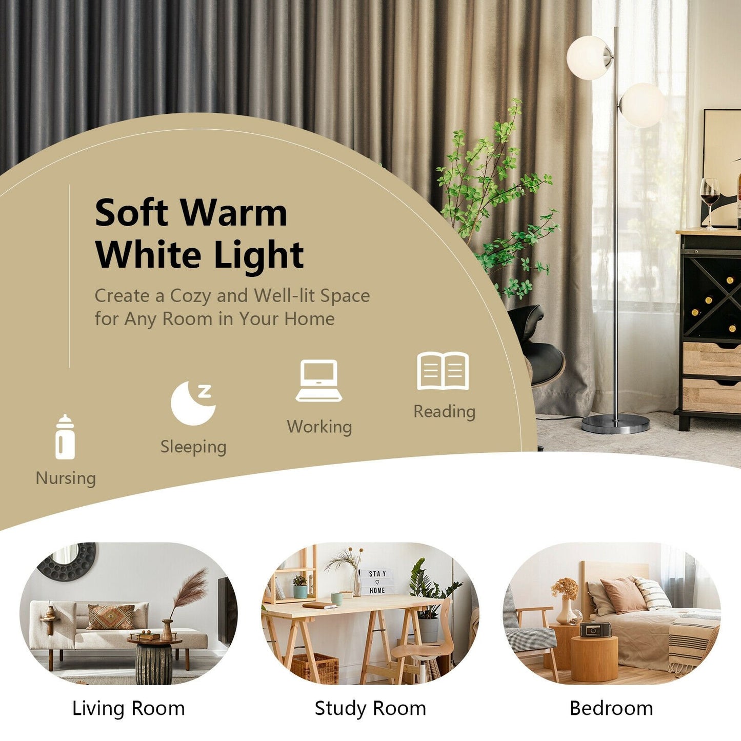 65 Inch LED Floor Lamp with 2 Light Bulbs and Foot Switch, Silver