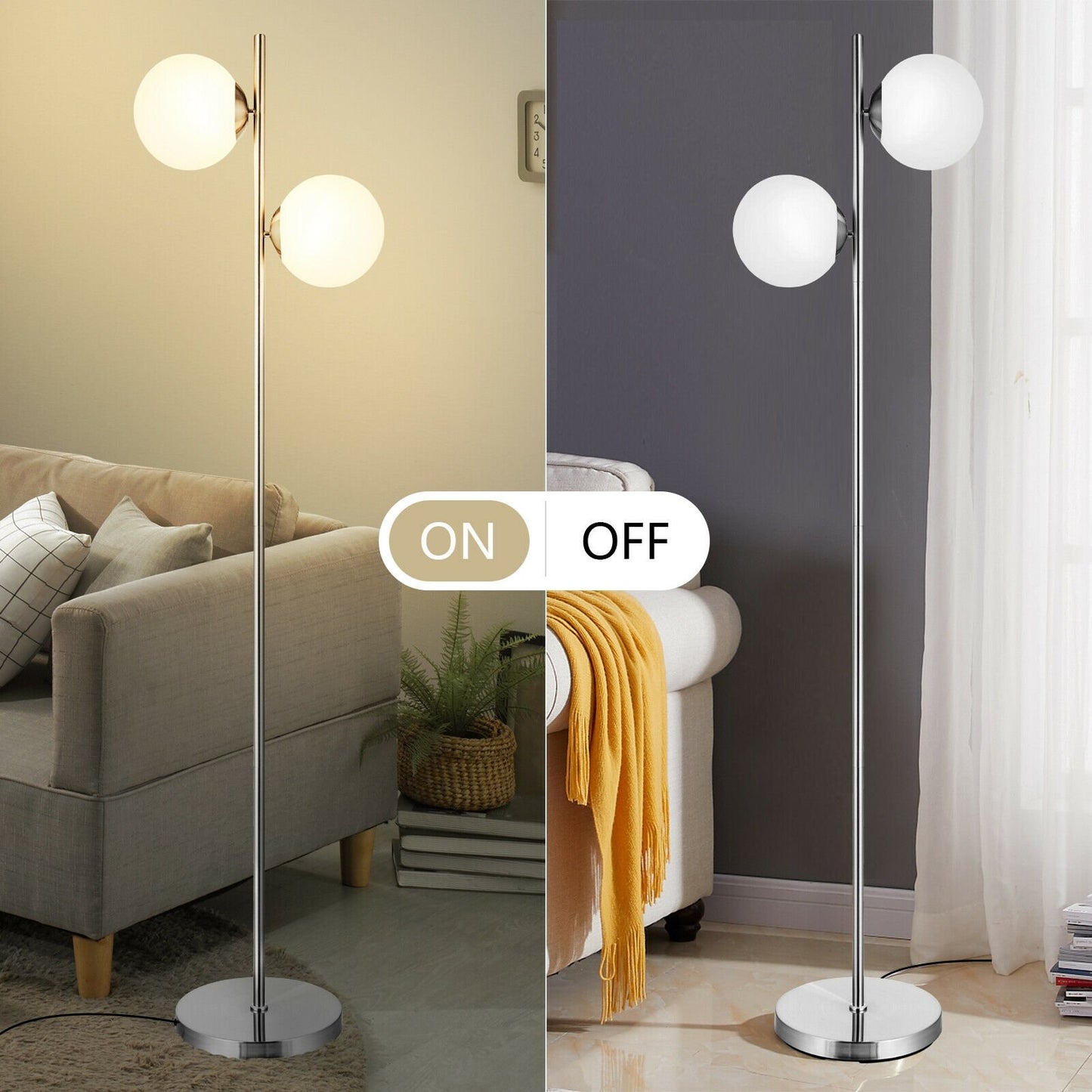 65 Inch LED Floor Lamp with 2 Light Bulbs and Foot Switch, Silver at Gallery Canada