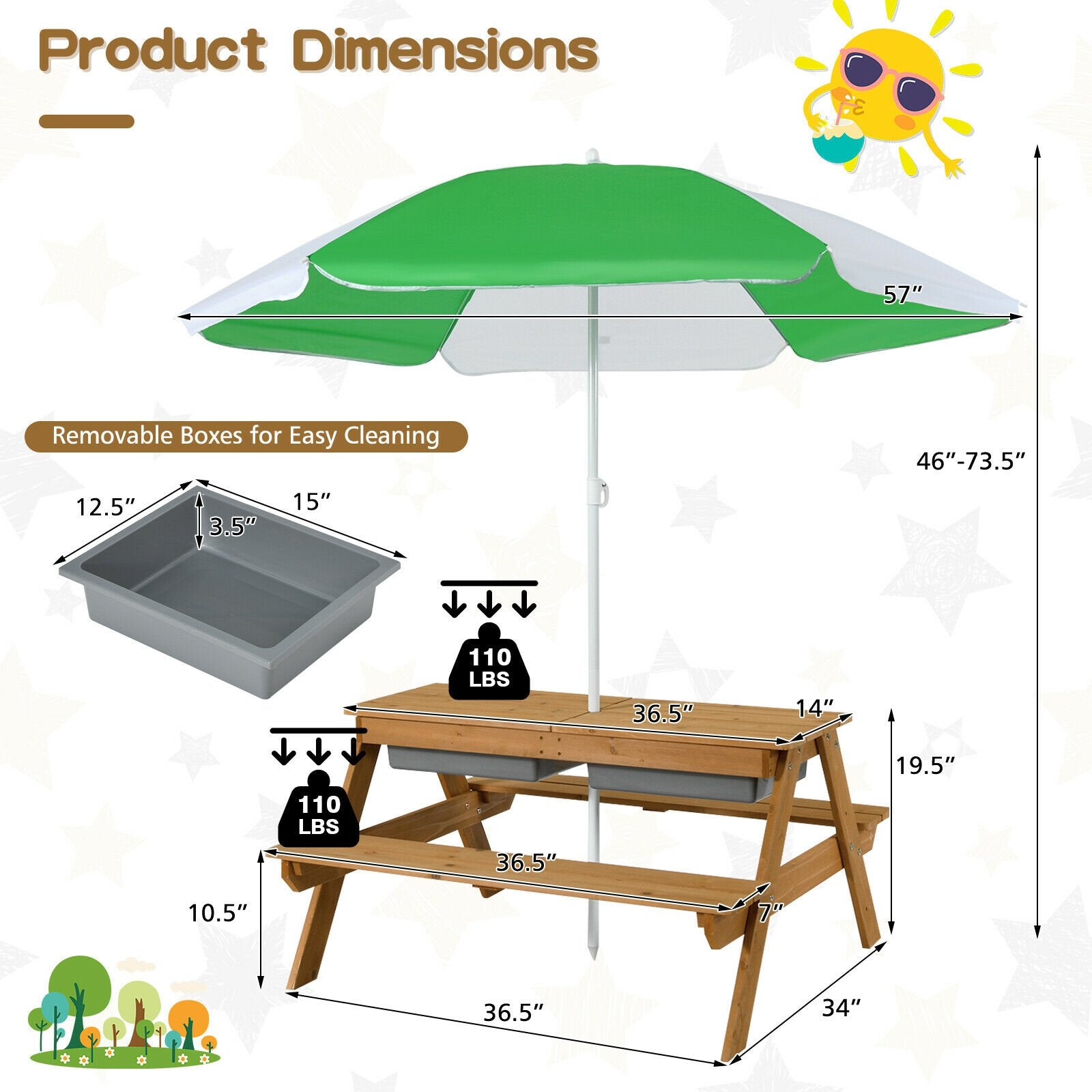 3-in-1 Kids Outdoor Picnic Water Sand Table with Umbrella Play Boxes, Green at Gallery Canada