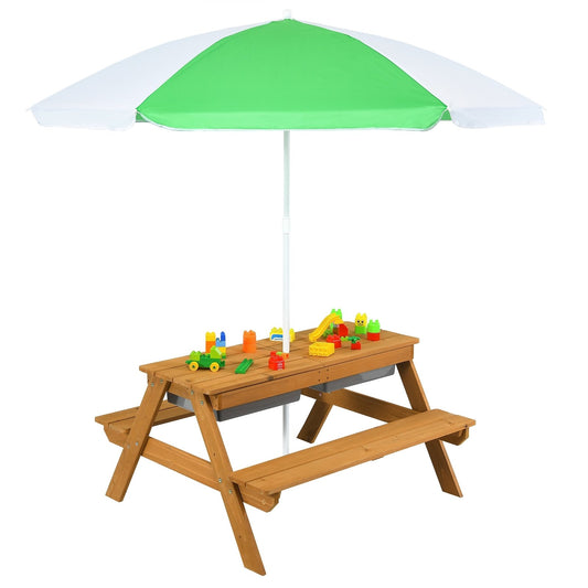 3-in-1 Kids Outdoor Picnic Water Sand Table with Umbrella Play Boxes, Green