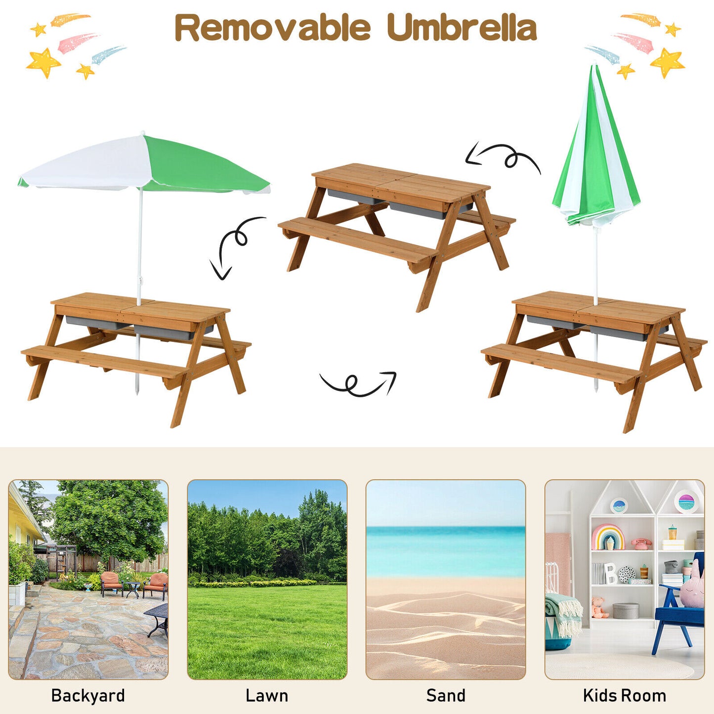 3-In-1 Kids Outdoor Picnic Water Sand Table, Green Kids Table & Chair Sets at Gallery Canada