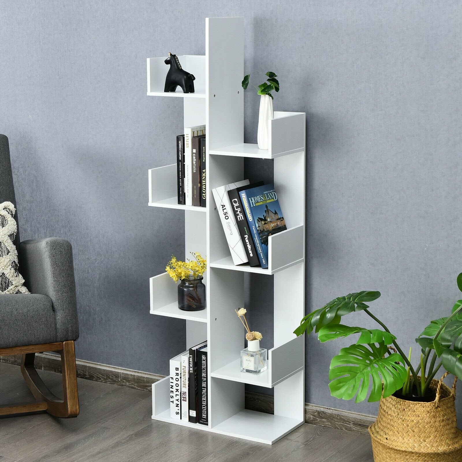 8-Tier Bookshelf Bookcase with 8 Open Compartments Space-Saving Storage Rack , White at Gallery Canada