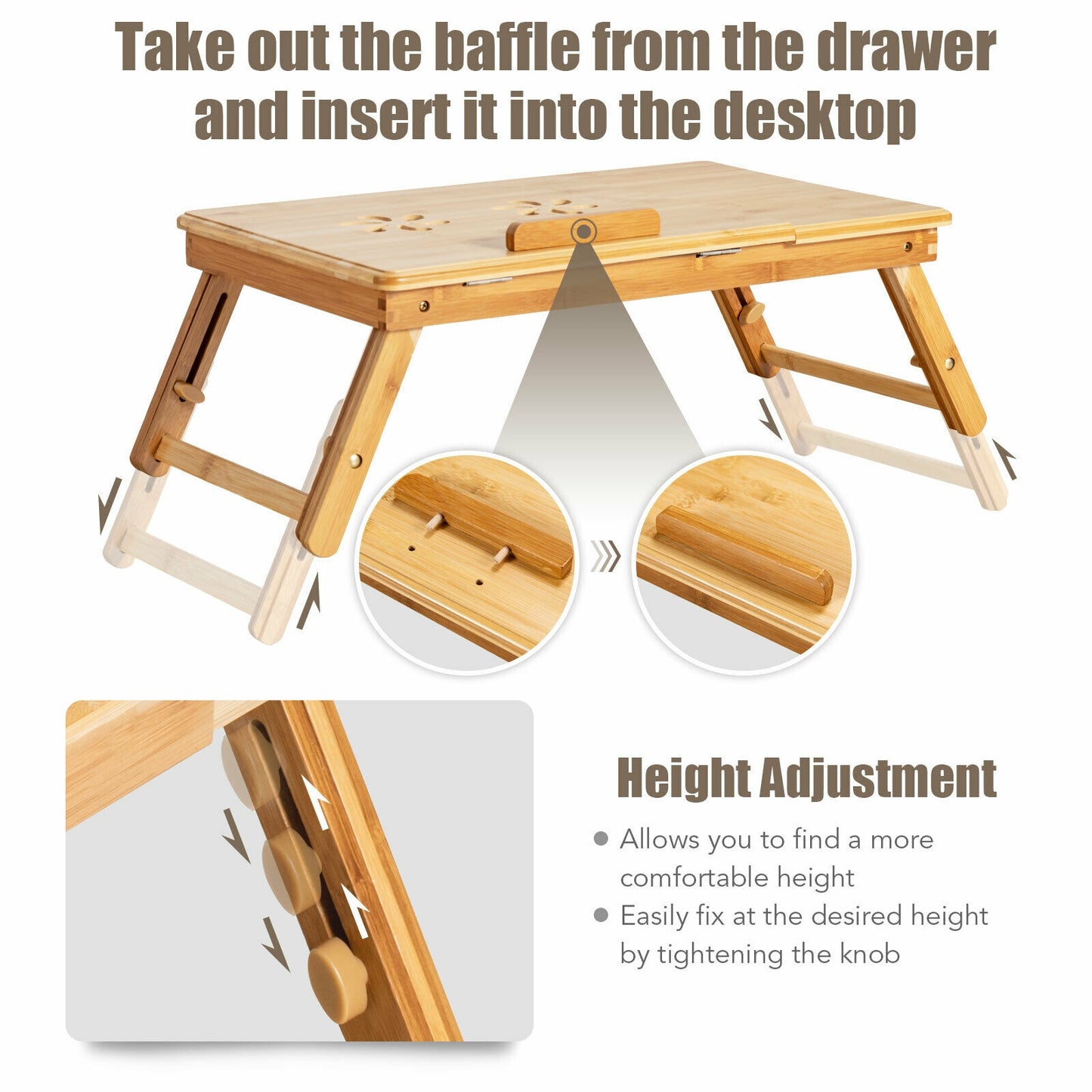 Bamboo Laptop Lap Tray, Adjustable Legs, Tilting Heat-Dissipation Top, Natural Laptop Tables & Printer Stands at Gallery Canada