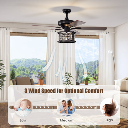 52 Inch 3-Speed Crystal Ceiling Fan Light with Remote Control, Black