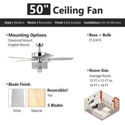 50 Inch Electric Crystal Ceiling Fan with Light Adjustable Speed Remote Control, Silver