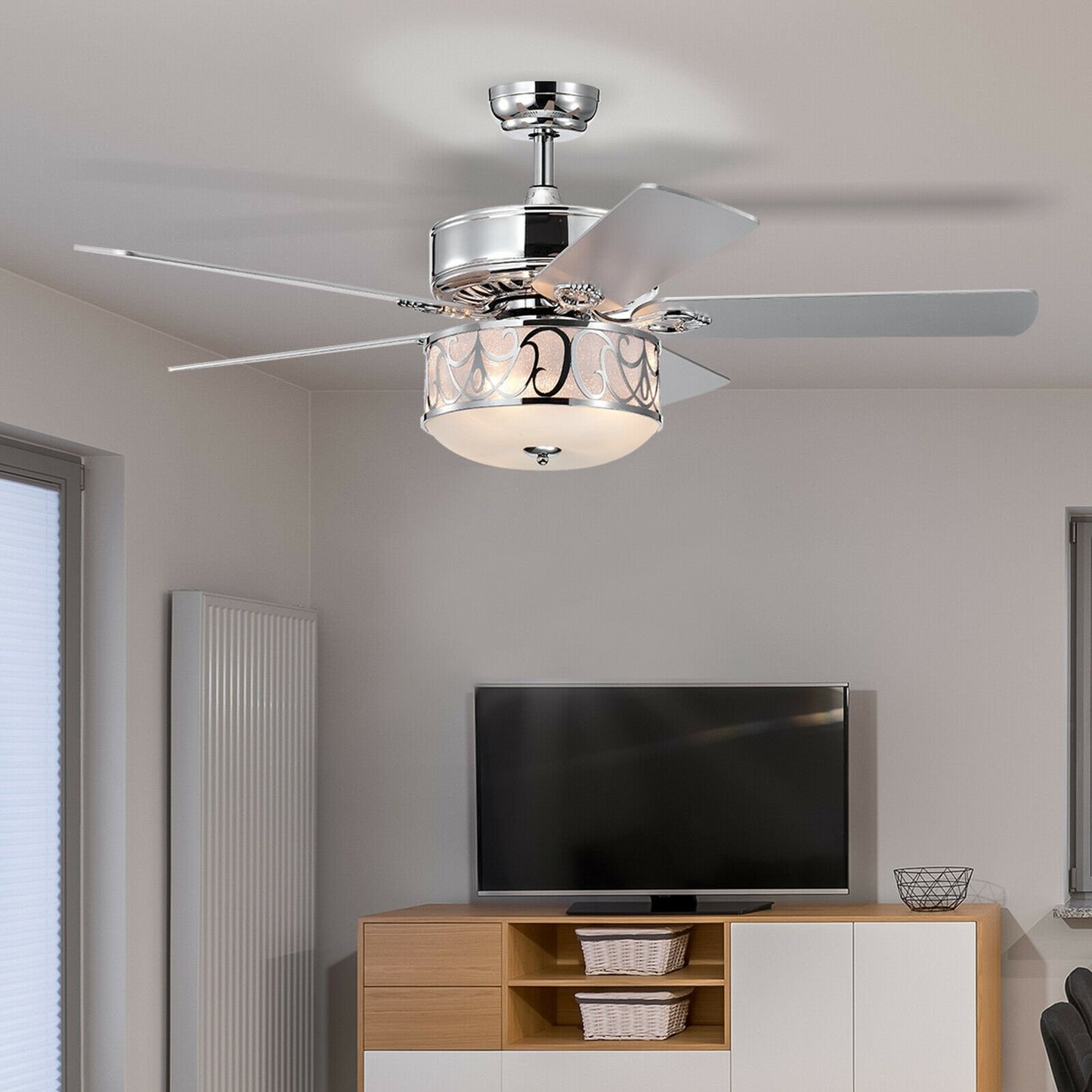 52 Inch Ceiling Fan with Light Reversible Blade and Adjustable Speed, Silver
