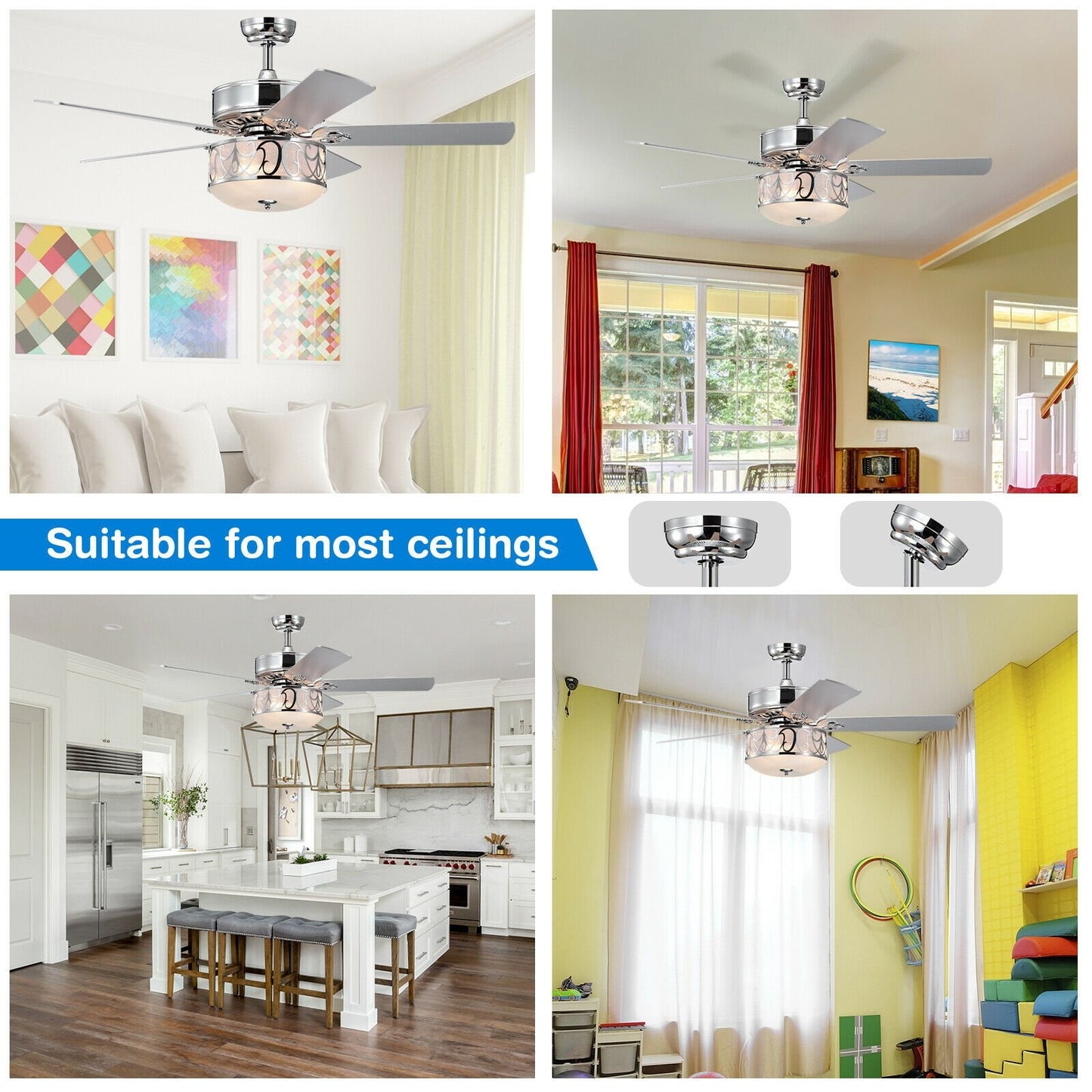 52 Inch Ceiling Fan with Light Reversible Blade and Adjustable Speed, Silver