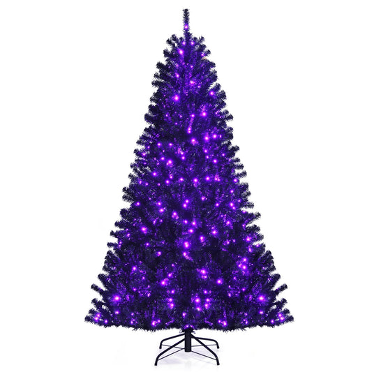 Black Artificial Christmas Halloween Tree with Purple LED Lights-7', Black