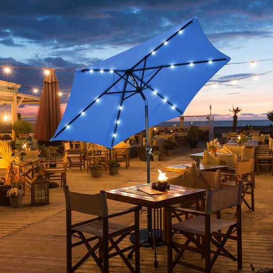 9' Solar LED Patio Umbrella, Tilt Crank Lift, Blue Outdoor Umbrellas Blue at Gallery Canada