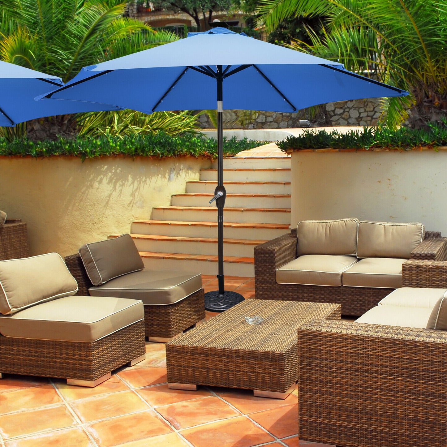 9' Solar LED Patio Umbrella, Tilt Crank Lift, Blue Outdoor Umbrellas at Gallery Canada