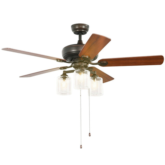 52 Inch Ceiling Fan Light with Pull Chain and 5 Bronze Finished Reversible Blades, Brown