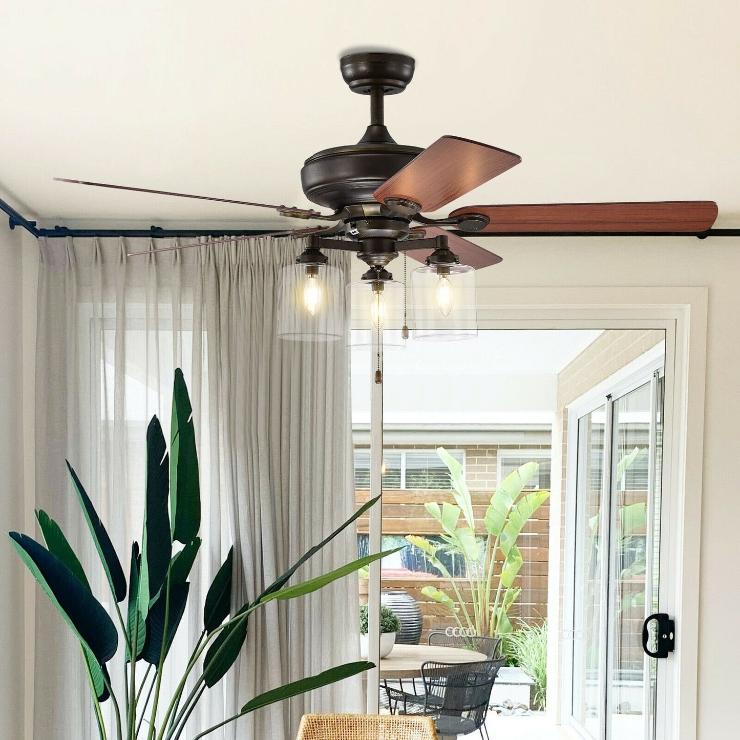 52 Inch Ceiling Fan Light with Pull Chain and 5 Bronze Finished Reversible Blades, Brown