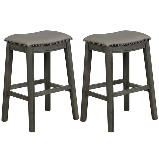 29 Inch Set of 2 Saddle Nailhead Kitchen Counter Chair, Gray