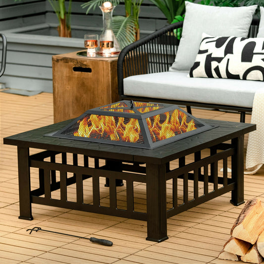 32 Inch 3 In 1 Outdoor Square Fire Pit Table With BBQ Grill, Rain Cover, Black