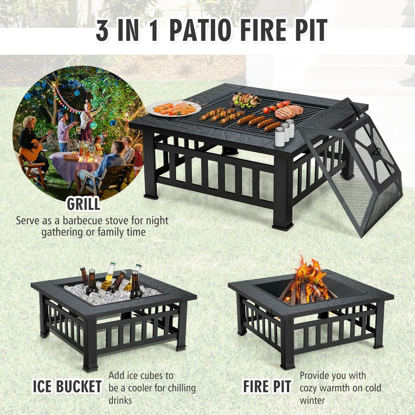 32 Inch 3 In 1 Outdoor Square Fire Pit Table With BBQ Grill, Rain Cover, Black