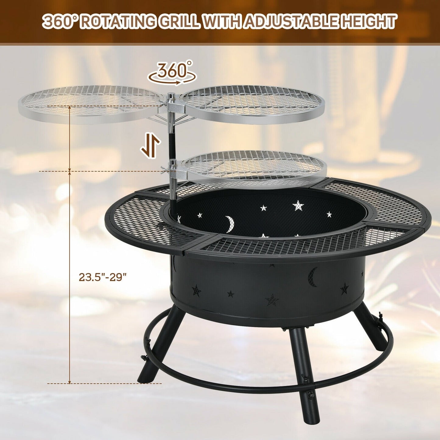 32-Inch Outdoor Wood Burning Fire Pit with 360°Swivel BBQ Grate, Beige at Gallery Canada