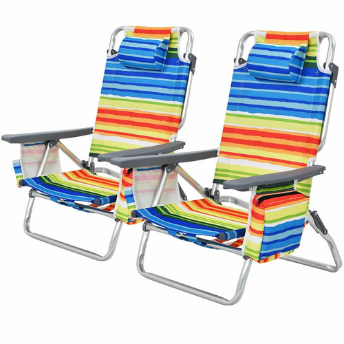 2-Pack Folding Backpack Beach Chair 5-Position Outdoor Reclining Chairs with Pillow, Yellow