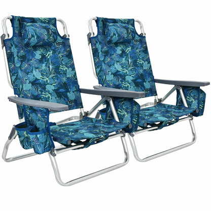 2-Pack Folding Backpack Beach Chair 5-Position Outdoor Reclining Chairs with Pillow, Navy