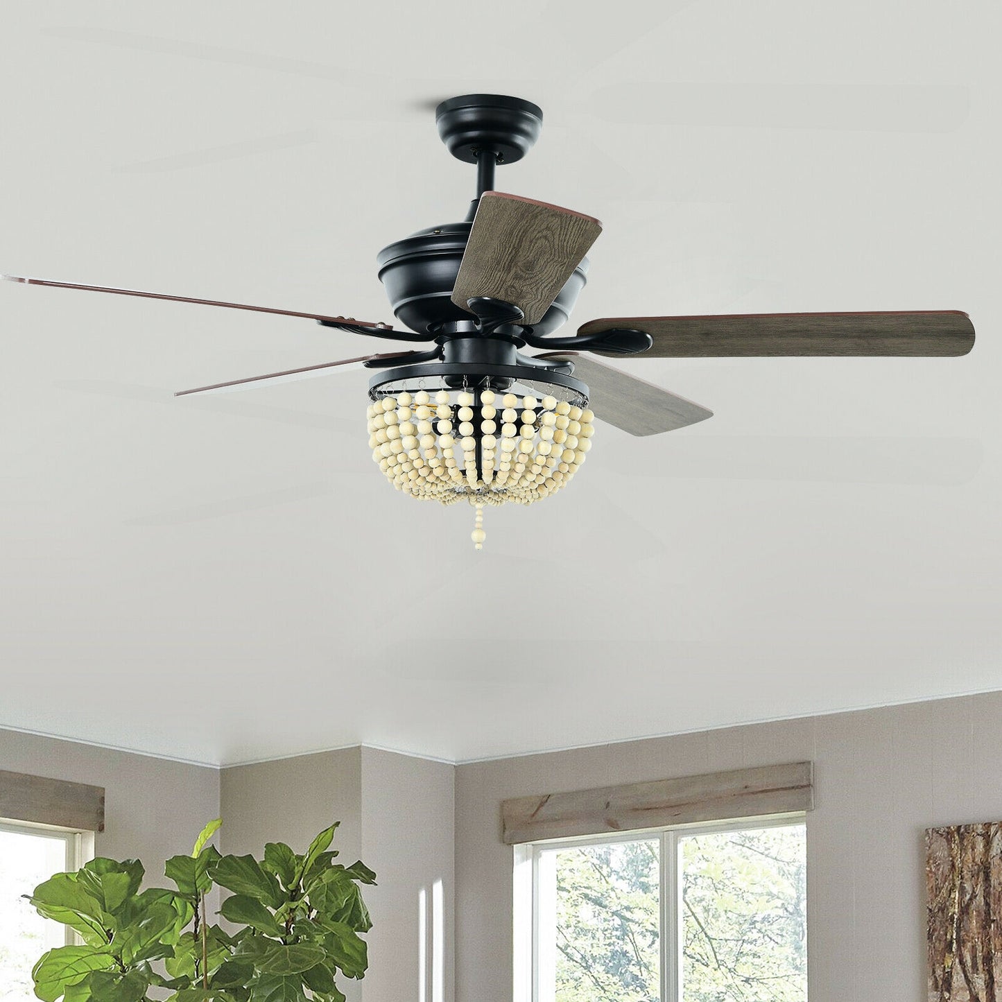 52 Inch Retro Ceiling Fan With Light, Reversible Blades, Remote Control, Black
