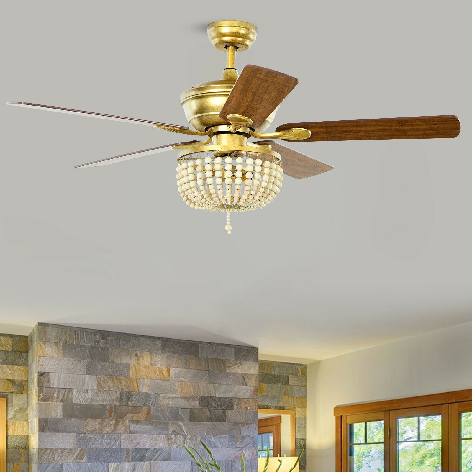 52 Inch Retro Ceiling Fan Light with Reversible Blades Remote Control, Golden at Gallery Canada