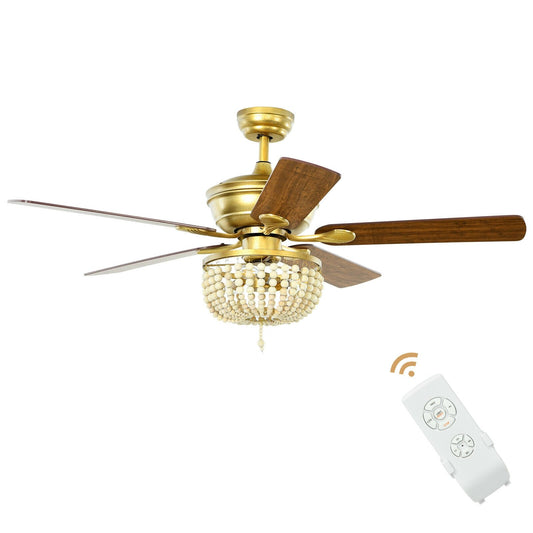 52 Inch Retro Ceiling Fan Light with Reversible Blades Remote Control, Golden
