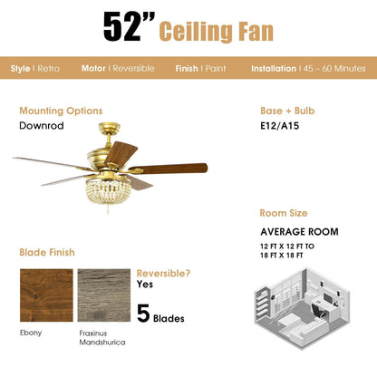52 Inch Retro Ceiling Fan Light with Reversible Blades Remote Control, Golden at Gallery Canada