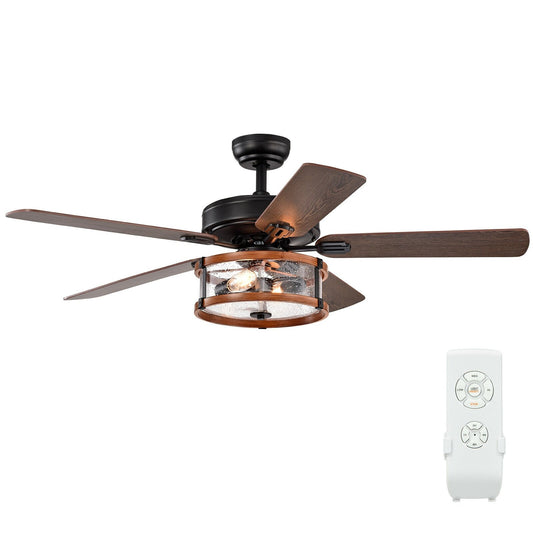 52" Retro Ceiling Fan Lamp with Glass Shade Reversible Blade Remote Control, Black