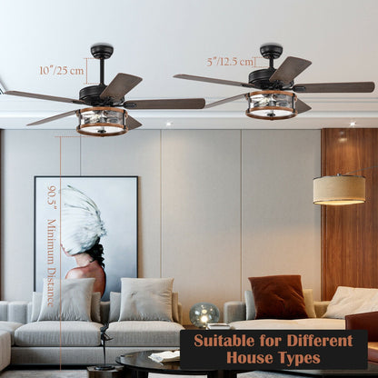52" Retro Ceiling Fan Lamp with Glass Shade Reversible Blade Remote Control, Black